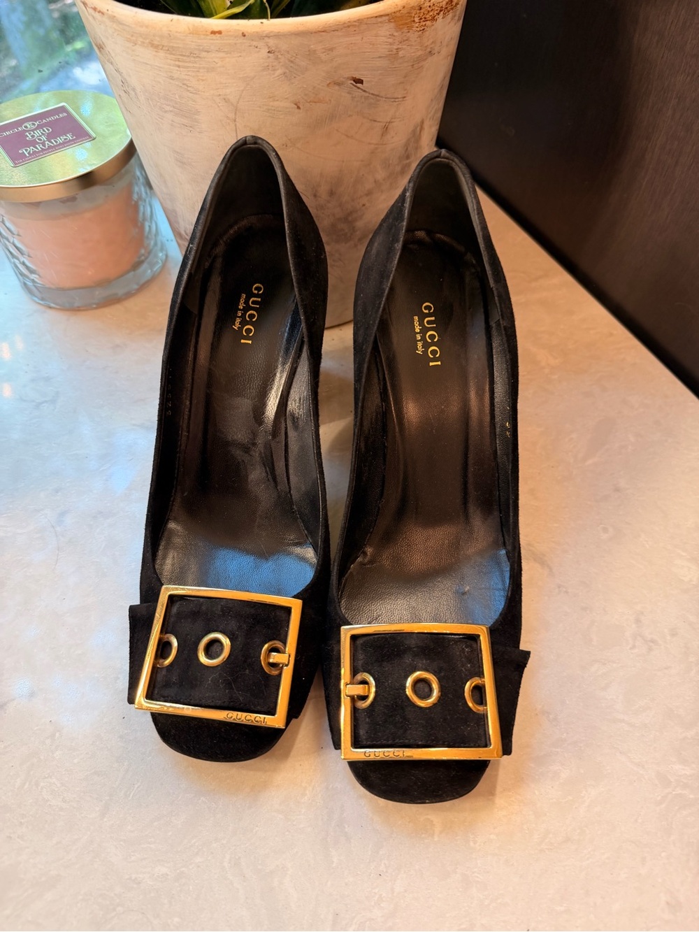 Gucci Black Suede Pumps with Gold Buckle